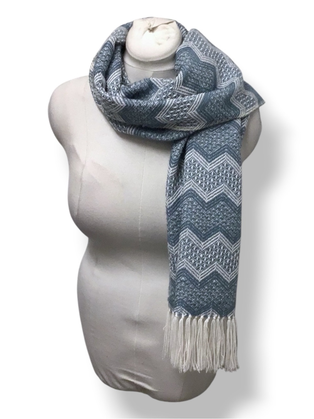 Figueroa Alpaca Blanket Wrap Scarf with Tassel Fringe, Blue Chevron, OSFA